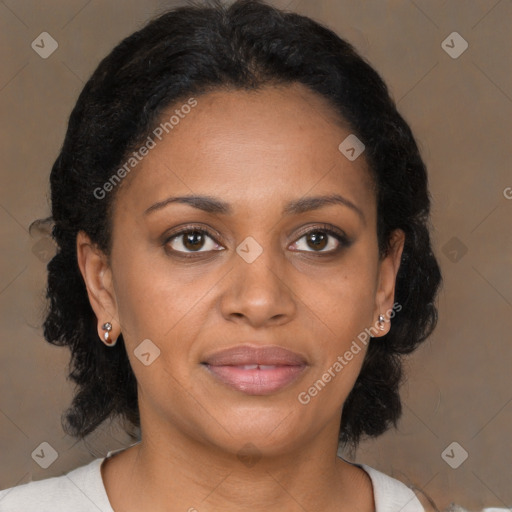 Joyful black young-adult female with medium  brown hair and brown eyes