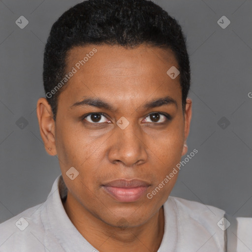 Joyful black young-adult male with short  brown hair and brown eyes