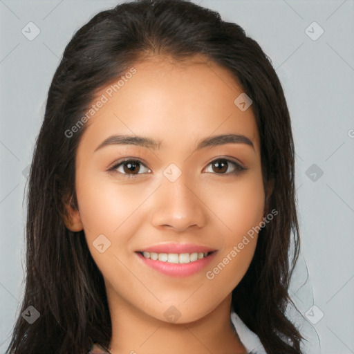 Joyful white young-adult female with long  brown hair and brown eyes