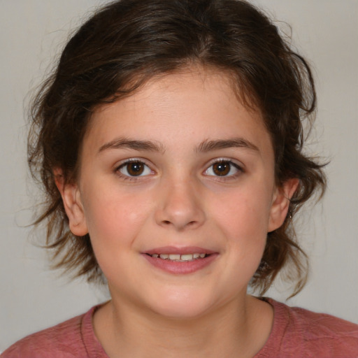 Joyful white child female with medium  brown hair and brown eyes