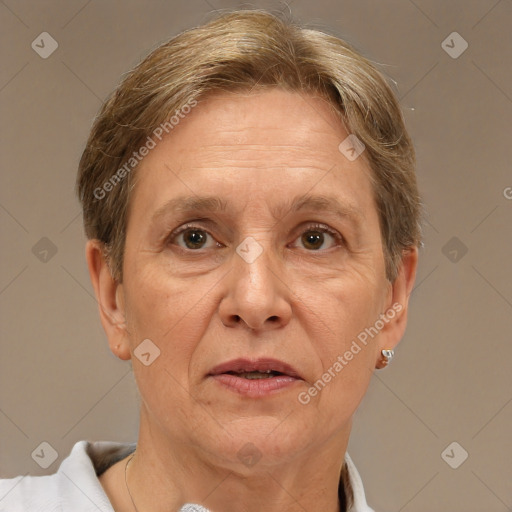 Joyful white middle-aged female with short  brown hair and brown eyes