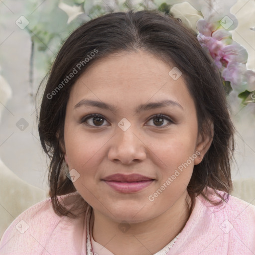 Joyful white young-adult female with medium  brown hair and brown eyes