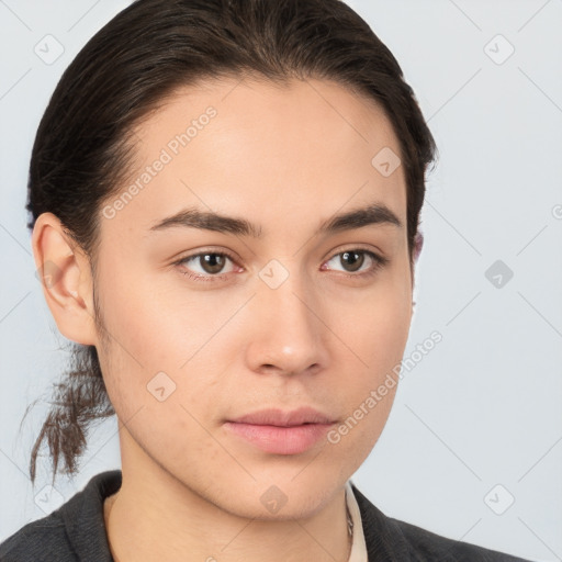 Neutral white young-adult female with medium  brown hair and brown eyes