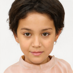 Joyful white child female with short  brown hair and brown eyes