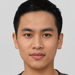 Neutral asian young-adult male with short  black hair and brown eyes