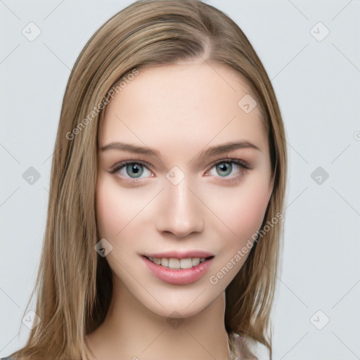 Joyful white young-adult female with long  brown hair and green eyes