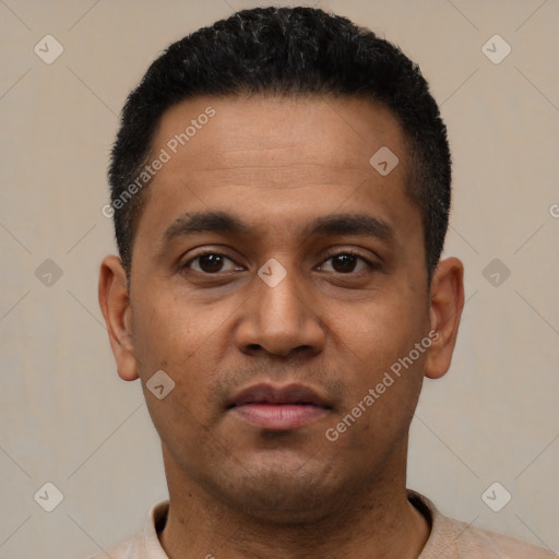 Neutral latino young-adult male with short  black hair and brown eyes