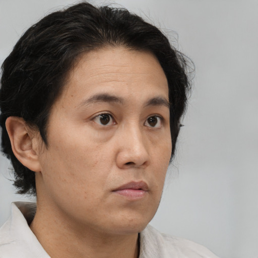 Neutral asian adult male with medium  brown hair and brown eyes