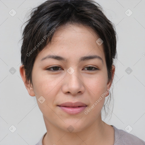 Joyful asian young-adult female with short  brown hair and brown eyes