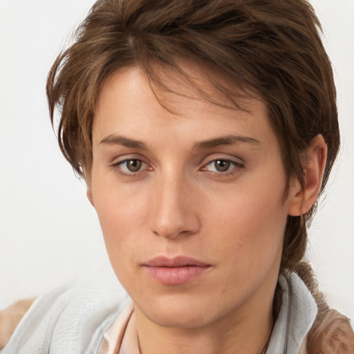 Neutral white young-adult female with medium  brown hair and brown eyes