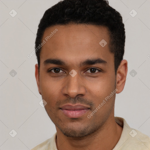 Neutral latino young-adult male with short  black hair and brown eyes