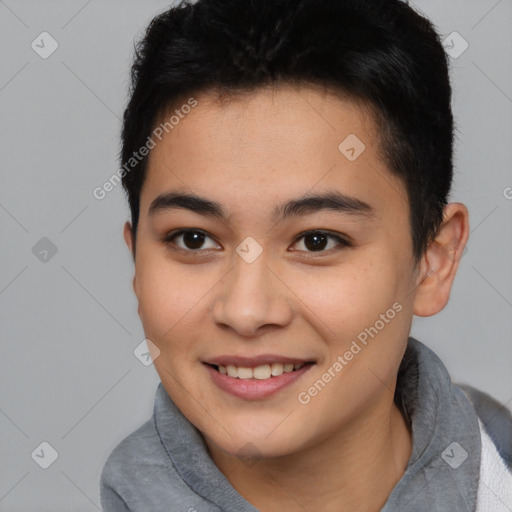 Joyful asian young-adult female with short  brown hair and brown eyes