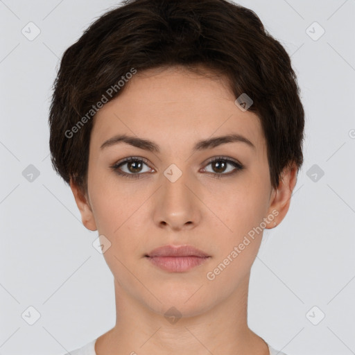 Neutral white young-adult female with short  brown hair and brown eyes