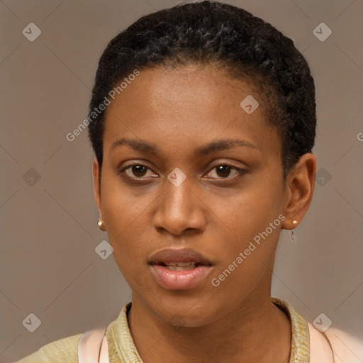 Neutral latino young-adult female with short  brown hair and brown eyes
