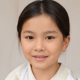 Joyful white child female with medium  brown hair and brown eyes