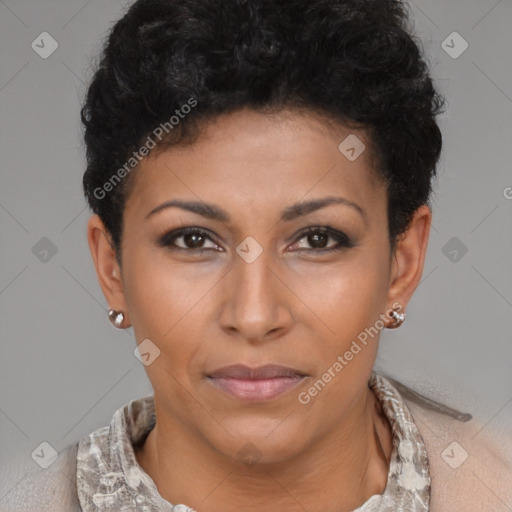 Neutral latino young-adult female with short  brown hair and brown eyes