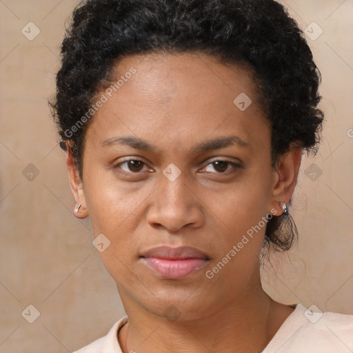 Neutral black adult female with short  brown hair and brown eyes