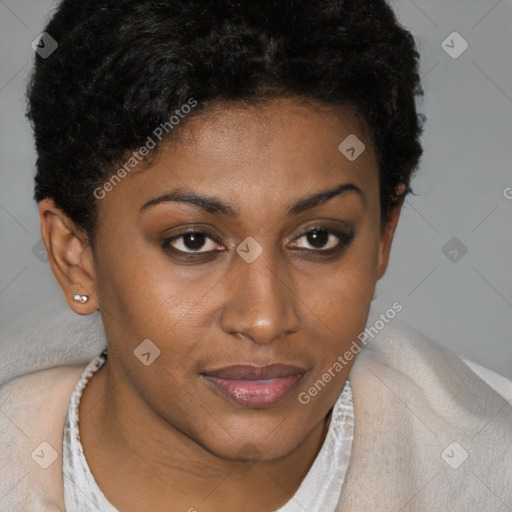 Joyful black young-adult female with short  brown hair and brown eyes