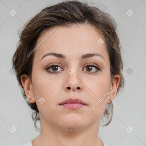 Neutral white young-adult female with medium  brown hair and brown eyes