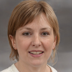 Joyful white adult female with medium  brown hair and grey eyes