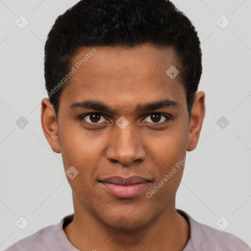 Joyful latino young-adult male with short  brown hair and brown eyes