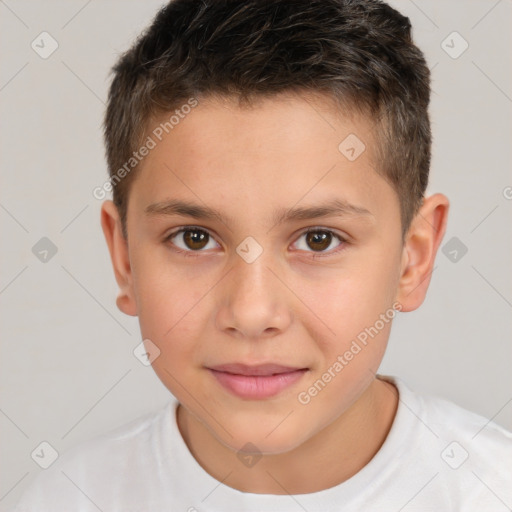 Joyful white child male with short  brown hair and brown eyes