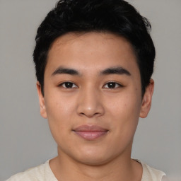 Neutral asian young-adult male with short  black hair and brown eyes