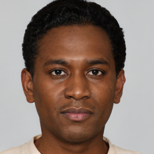 Neutral black young-adult male with short  black hair and brown eyes