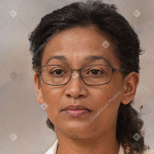 Joyful black adult female with medium  brown hair and brown eyes