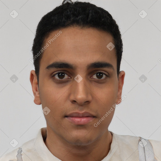 Neutral latino young-adult male with short  black hair and brown eyes