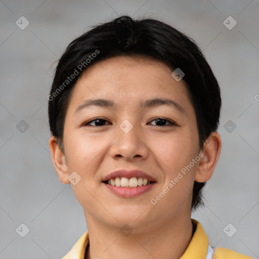 Joyful asian young-adult female with short  brown hair and brown eyes