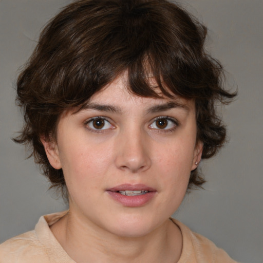 Neutral white young-adult female with medium  brown hair and brown eyes