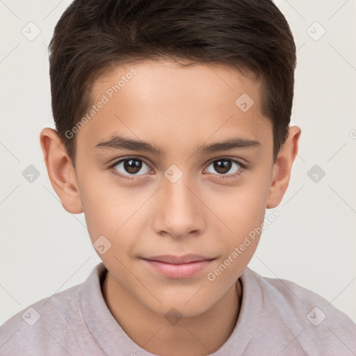 Joyful white child male with short  brown hair and brown eyes