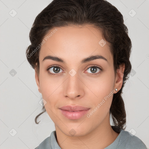 Neutral white young-adult female with medium  brown hair and brown eyes