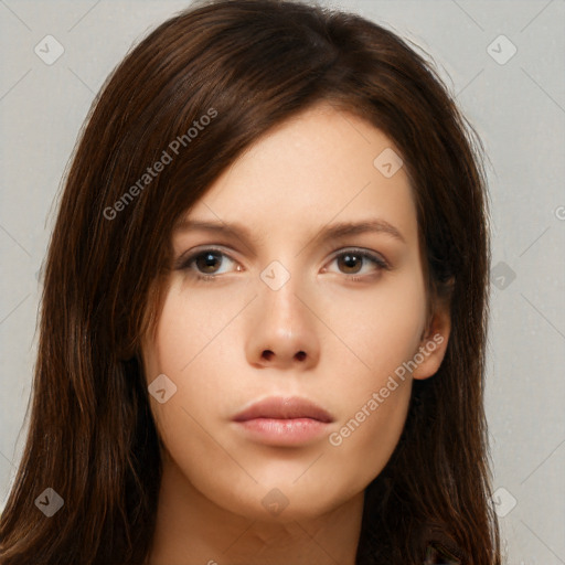 Neutral white young-adult female with long  brown hair and brown eyes