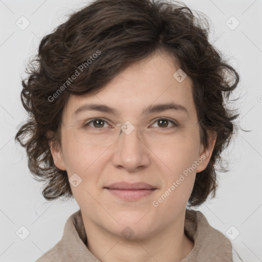 Joyful white young-adult female with medium  brown hair and green eyes