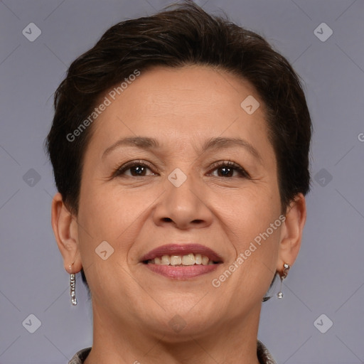 Joyful white adult female with short  brown hair and brown eyes