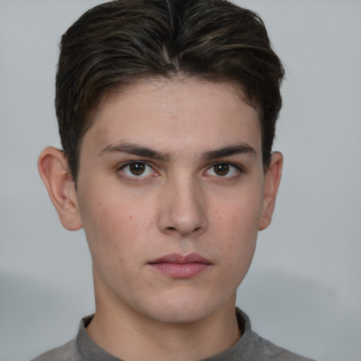 Neutral white young-adult male with short  brown hair and brown eyes