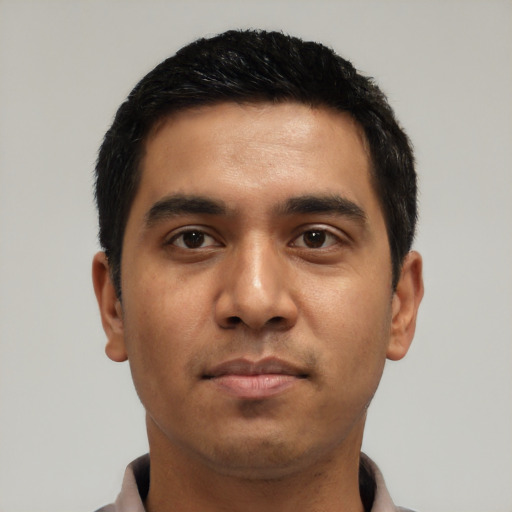 Neutral latino young-adult male with short  black hair and brown eyes
