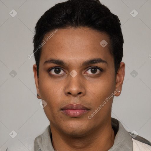 Neutral latino young-adult male with short  black hair and brown eyes