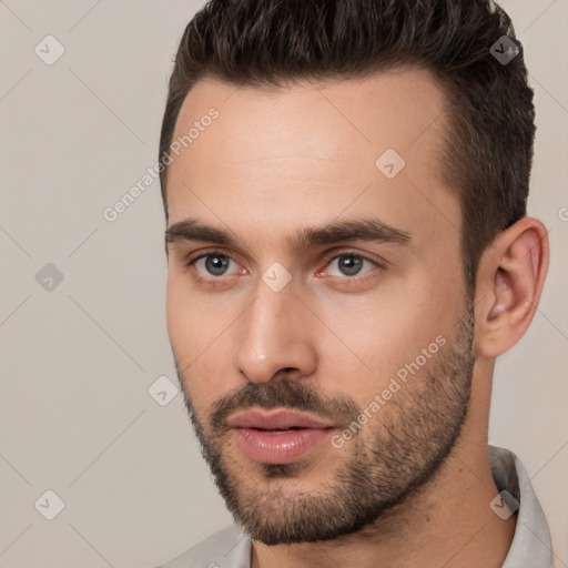 Neutral white young-adult male with short  brown hair and brown eyes