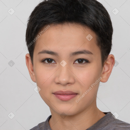 Joyful asian young-adult female with short  brown hair and brown eyes