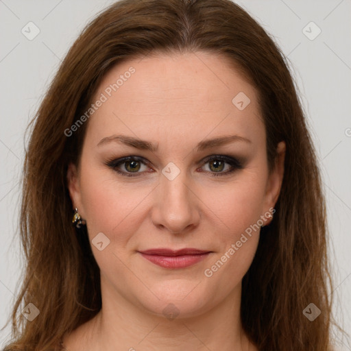 Joyful white young-adult female with long  brown hair and green eyes