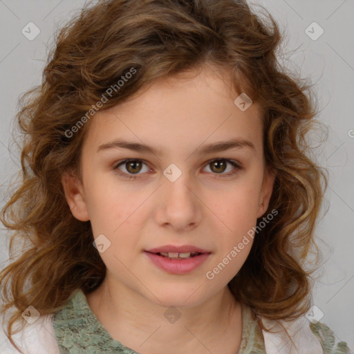 Joyful white child female with medium  brown hair and brown eyes