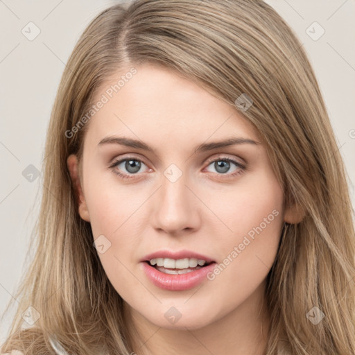 Joyful white young-adult female with long  brown hair and grey eyes