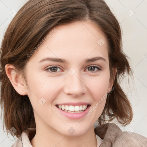 Joyful white young-adult female with medium  brown hair and green eyes