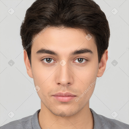 Neutral white young-adult male with short  brown hair and brown eyes