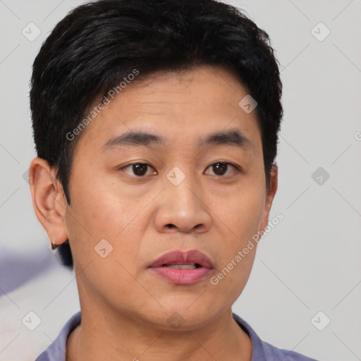 Neutral asian young-adult male with short  brown hair and brown eyes