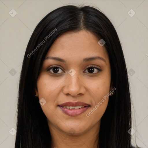 Joyful latino young-adult female with long  brown hair and brown eyes