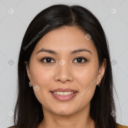 Joyful white young-adult female with long  brown hair and brown eyes